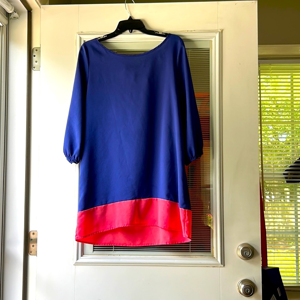Blue and pink long sleeve color blocked dress with a tie back